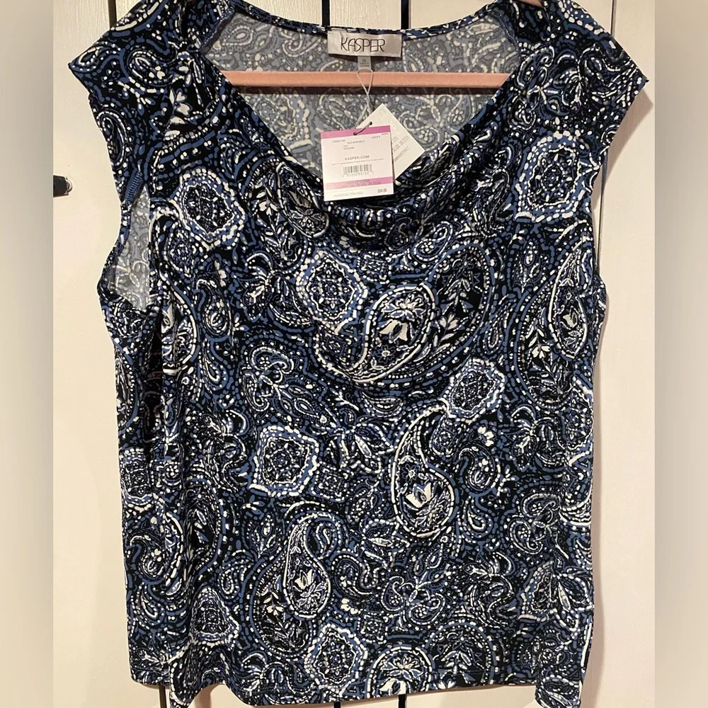 Kasper Navy and White Paisley Sleeveless Cowl Neck Blouse - Picture 4 of 6